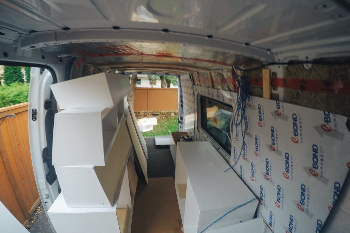 Cabinets all stacked up in the van at the end of the day sprinter van cabinets