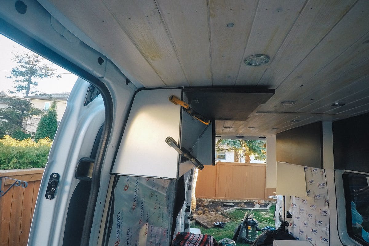 Installing the pine ceiling almost finished sprinter van ceiling