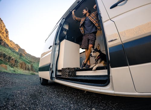 Scott and Ellie in the parked Mercedes Sprinter Van