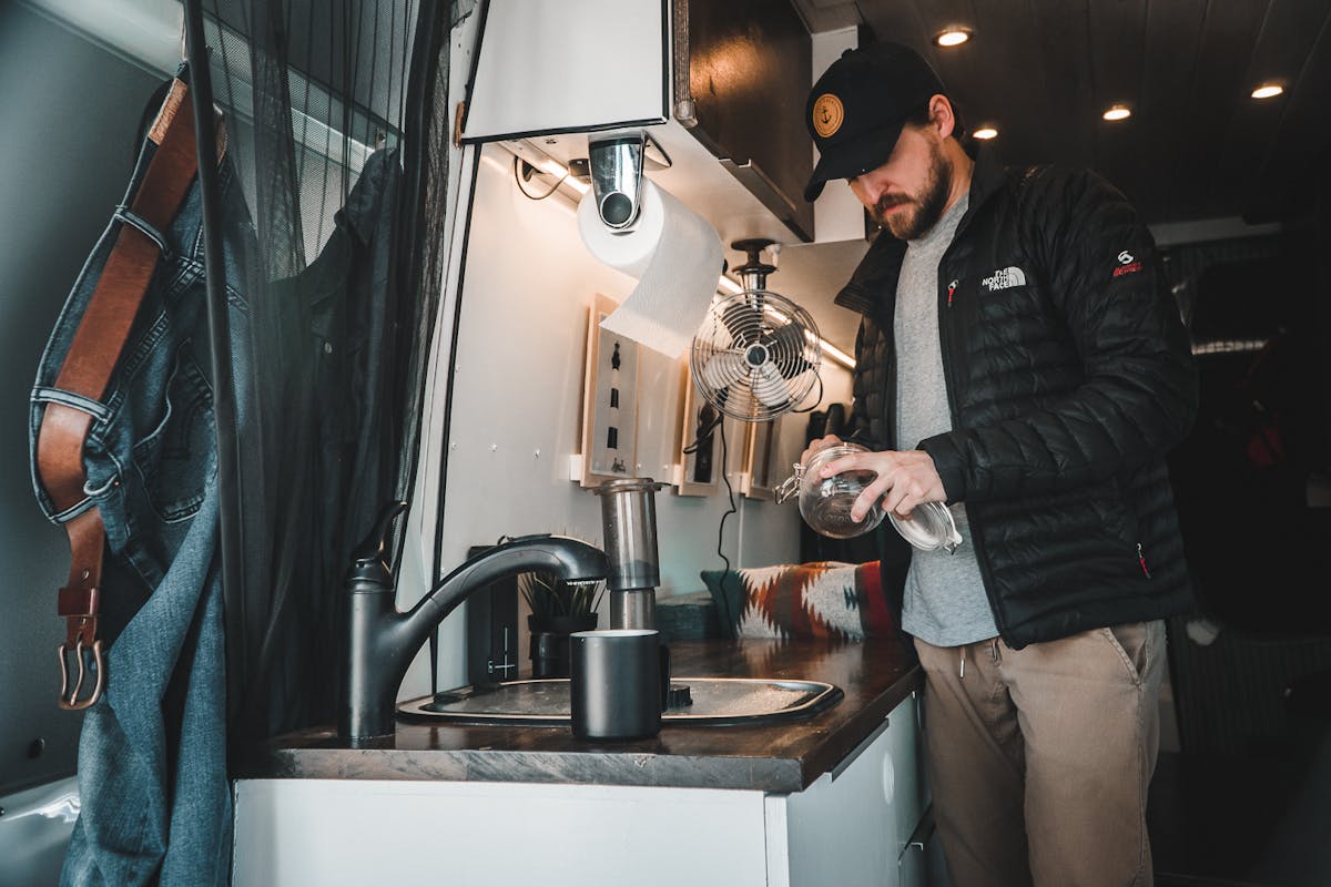 Making coffee in the van