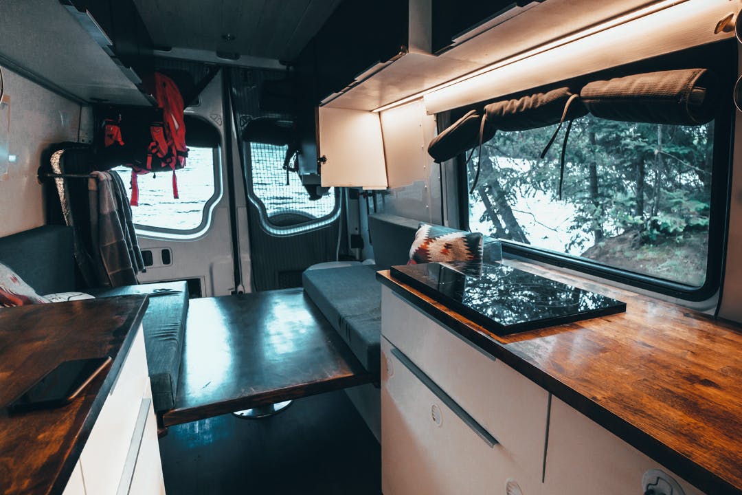 Van interior with window shades