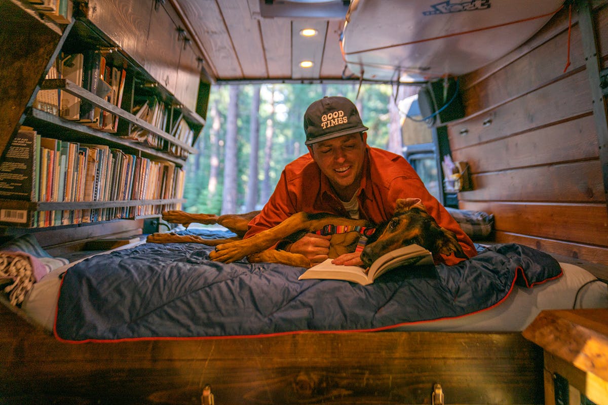 Reading in the van with Ayla.