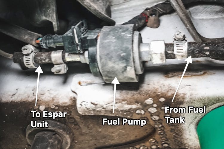 Under carriage shot showing espar connection to fuel tank